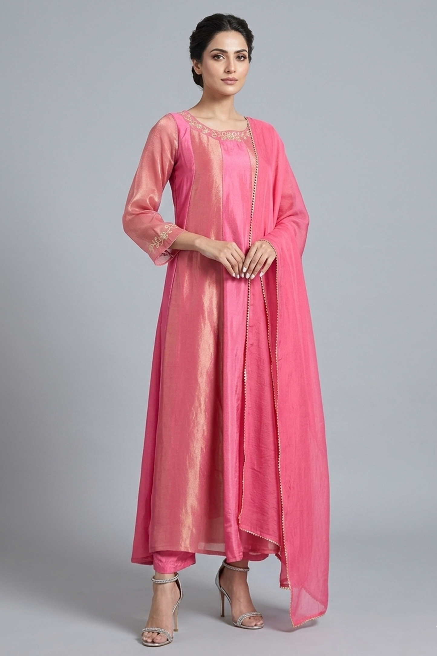 Rose Gold Panelled Silk Anarkali
