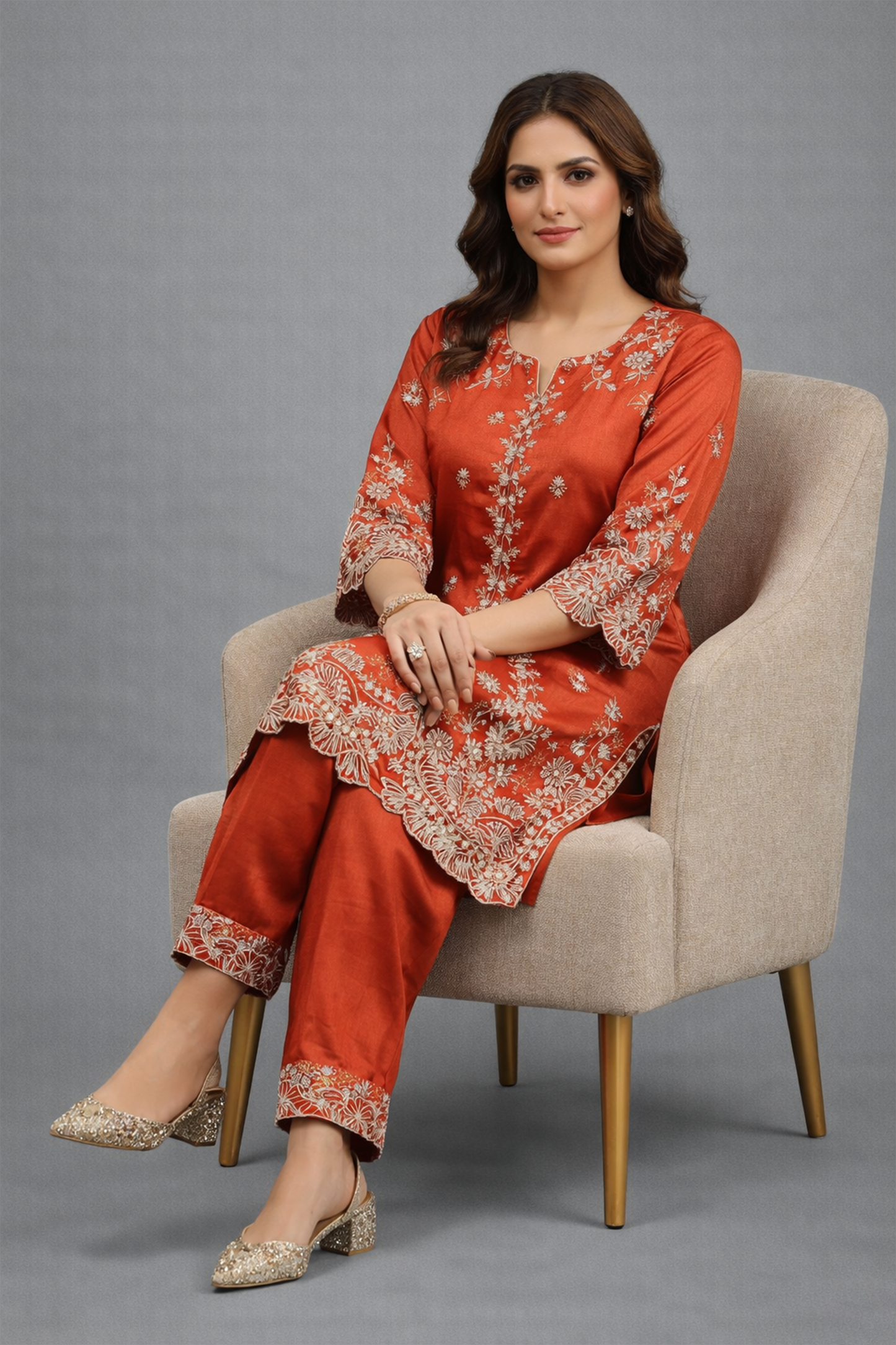 Rust Embroidered Silk Scalloped Ensemble