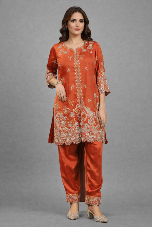 Rust Embroidered Silk Scalloped Ensemble