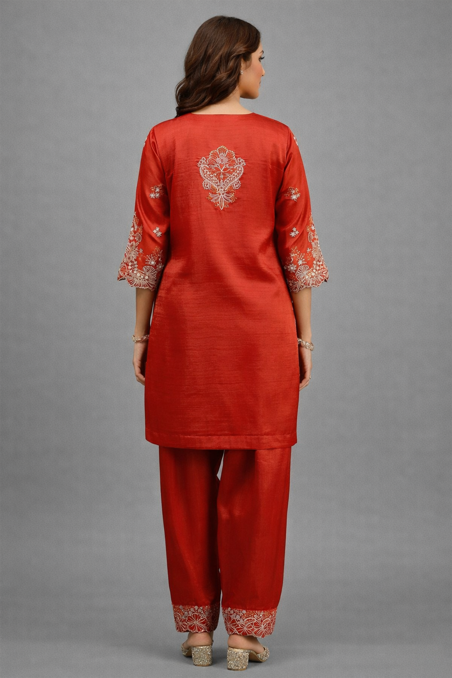 Rust Embroidered Silk Scalloped Ensemble