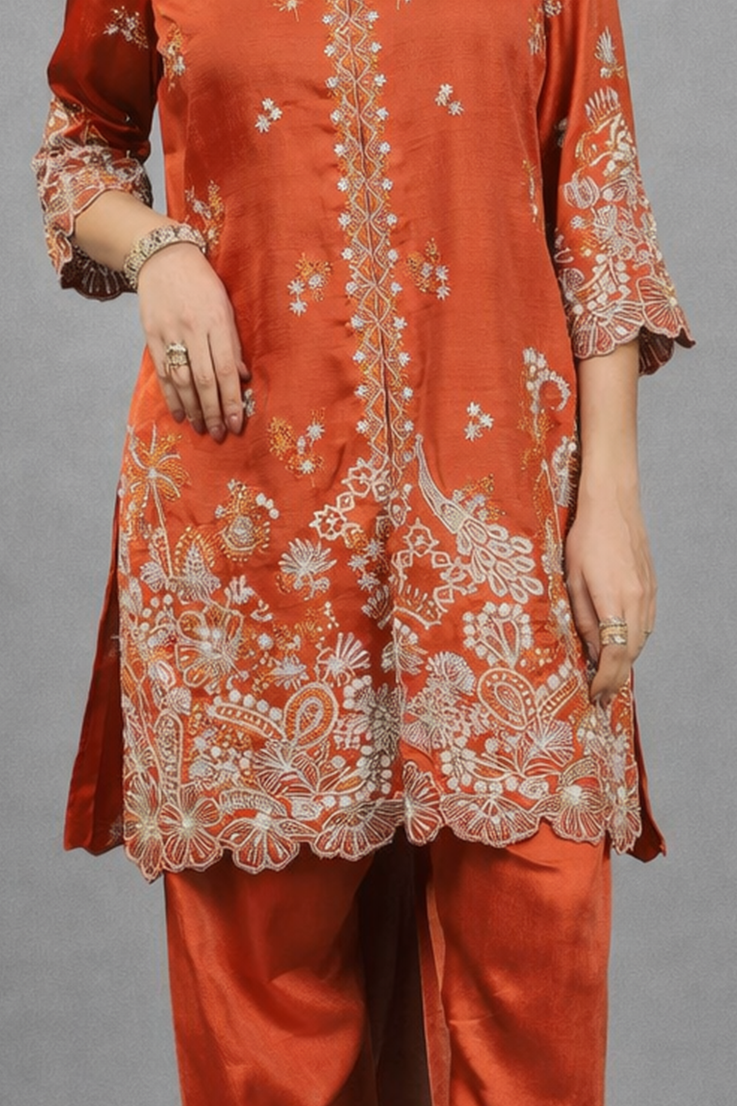Rust Embroidered Silk Scalloped Ensemble