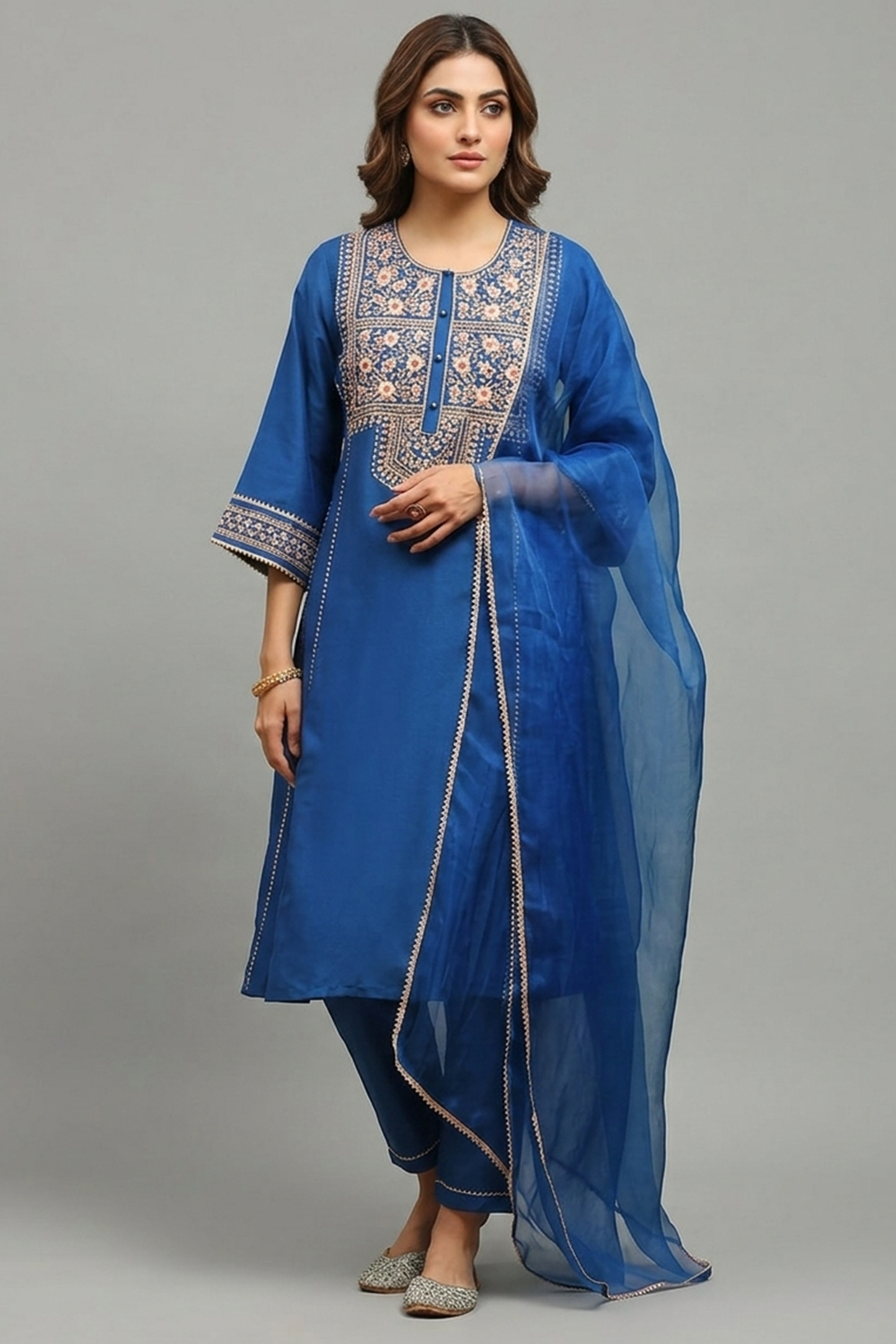Sapphire Blue Embroidered Silk