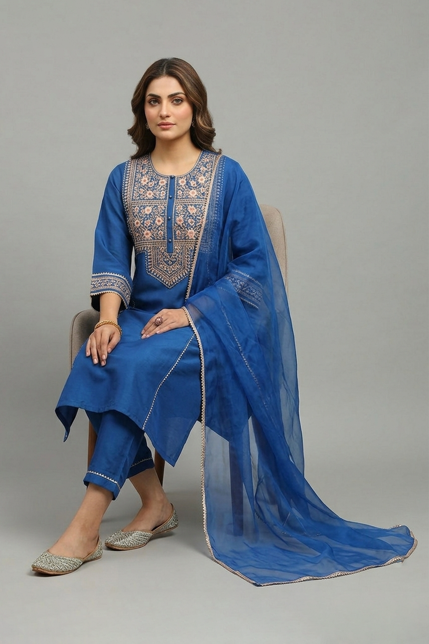 Sapphire Blue Embroidered Silk