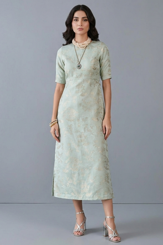Seafoam Jacquard Silk Midi Column Dress