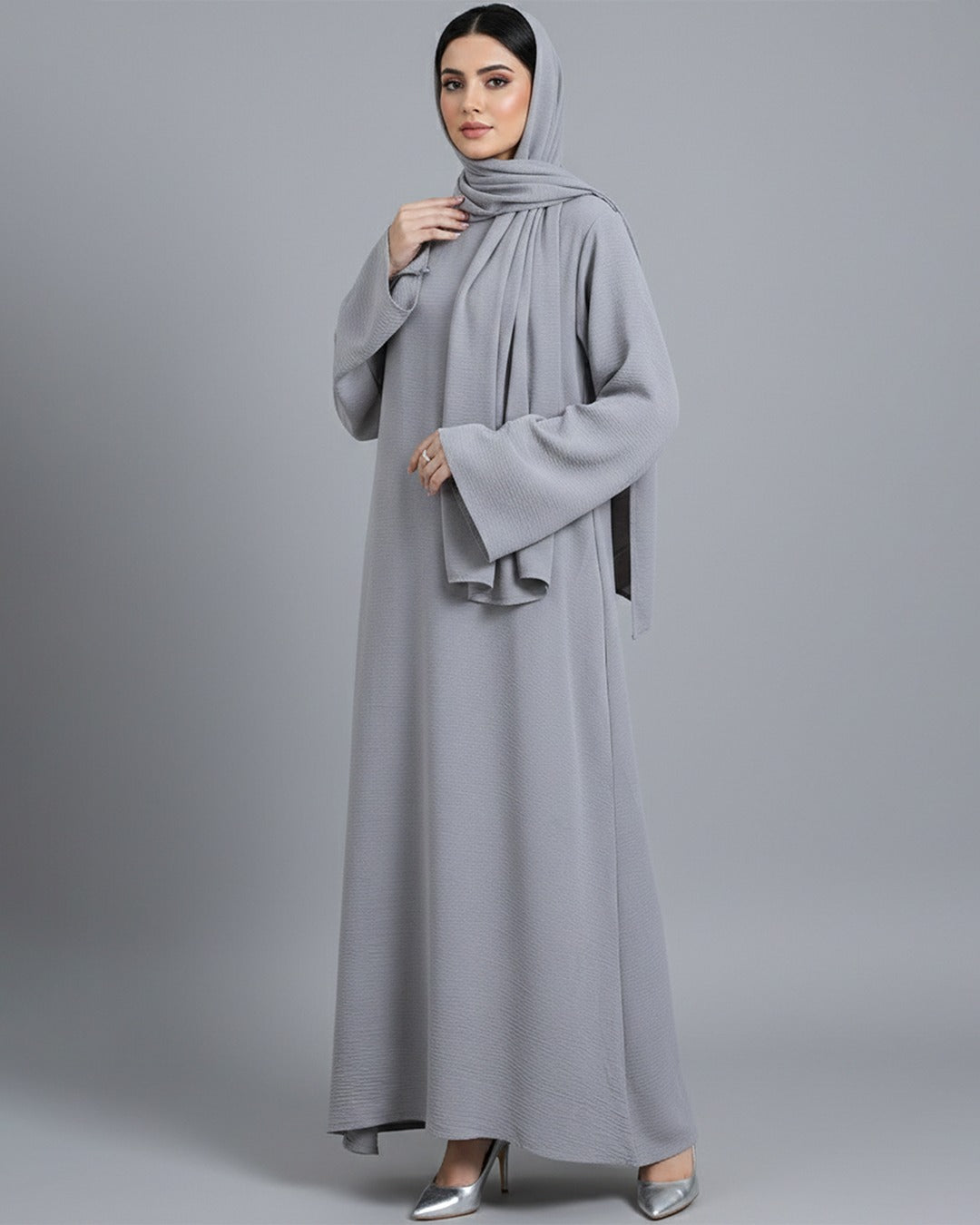 Silver Grey Crinkle-Textured Abaya