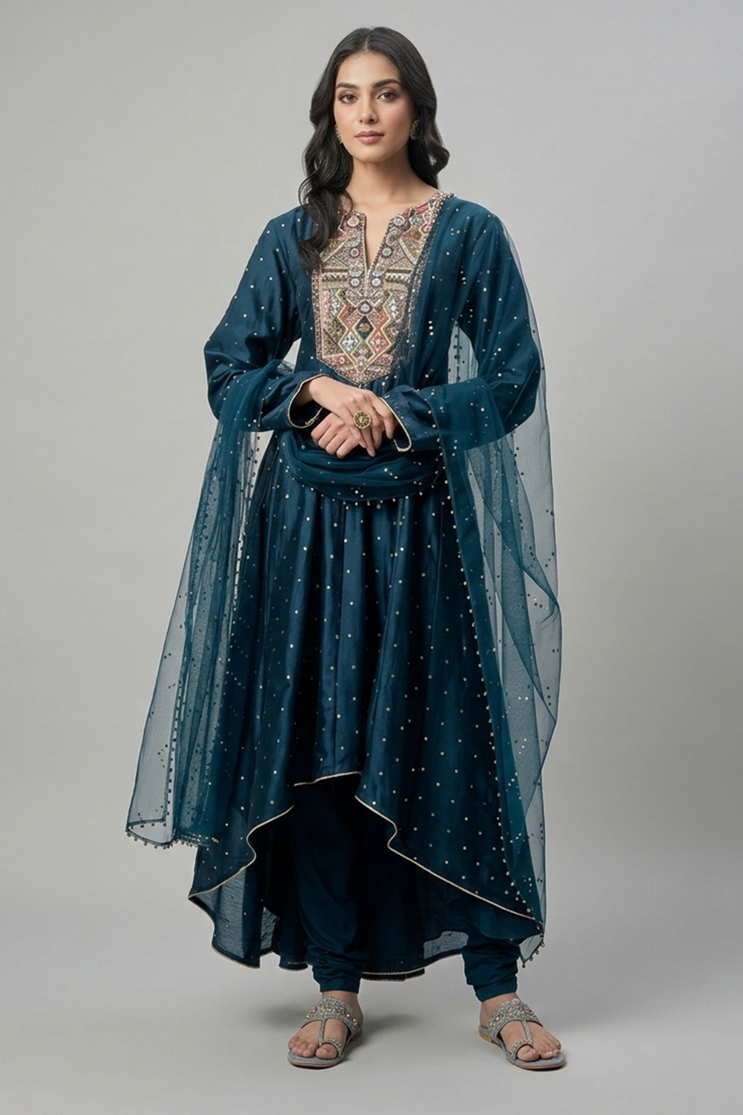 Teal Sequin-Sprinkled High-Low Anarkali
