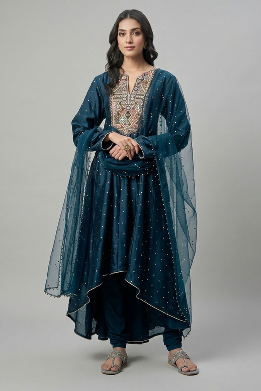 Teal Sequin-Sprinkled High-Low Anarkali