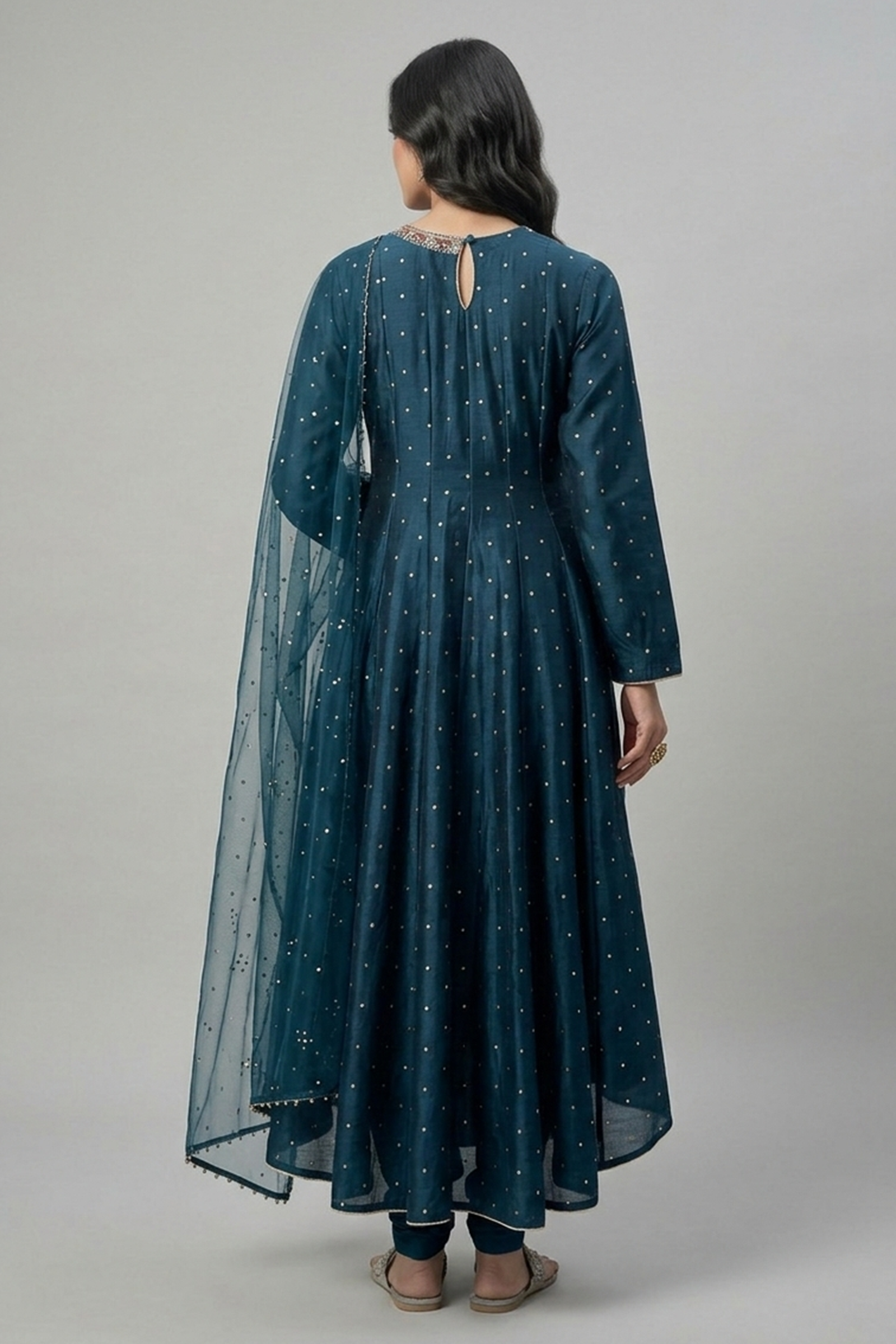 Teal Sequin-Sprinkled High-Low Anarkali