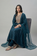 Teal Sequin-Sprinkled High-Low Anarkali
