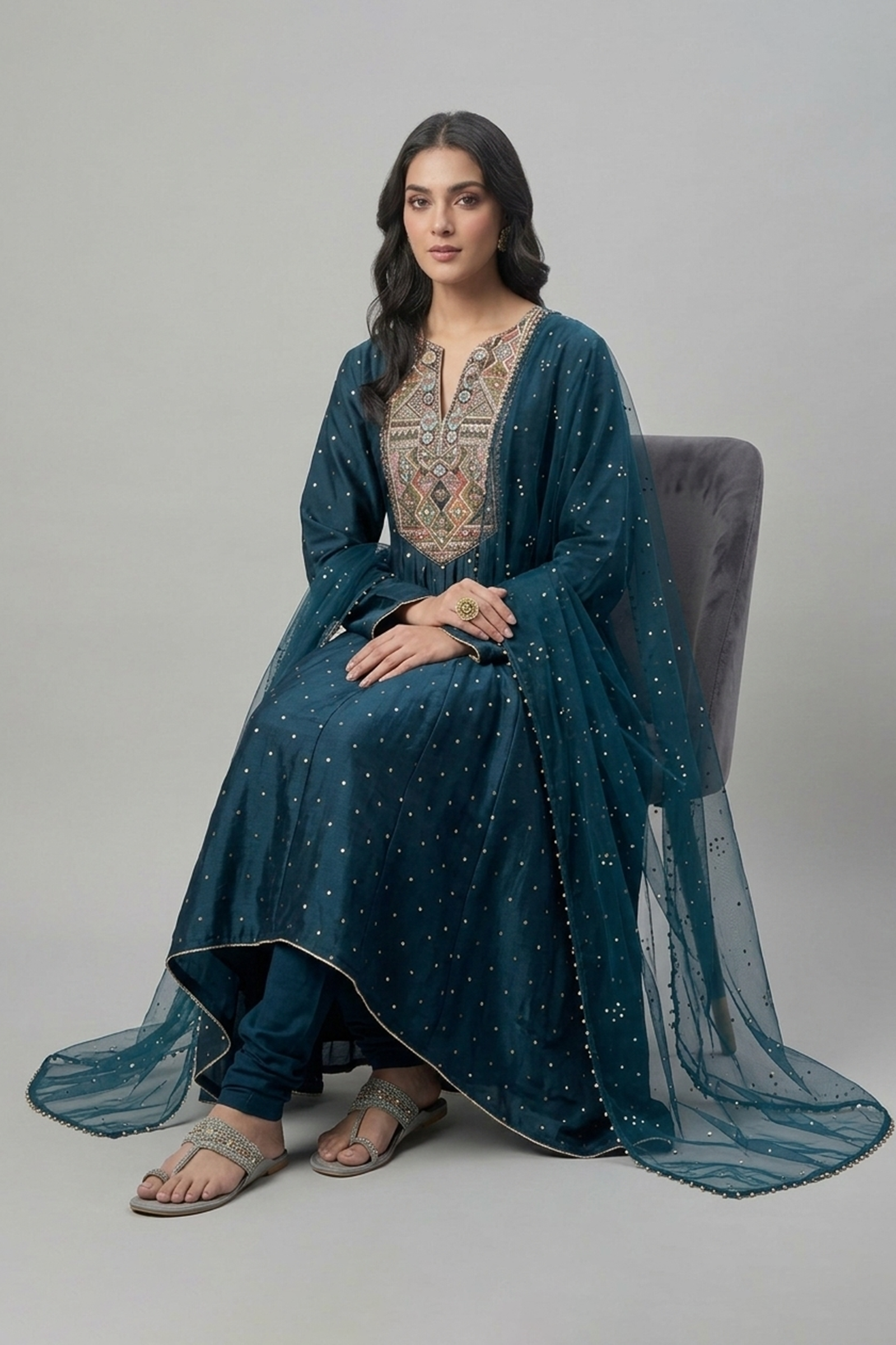 Teal Sequin-Sprinkled High-Low Anarkali